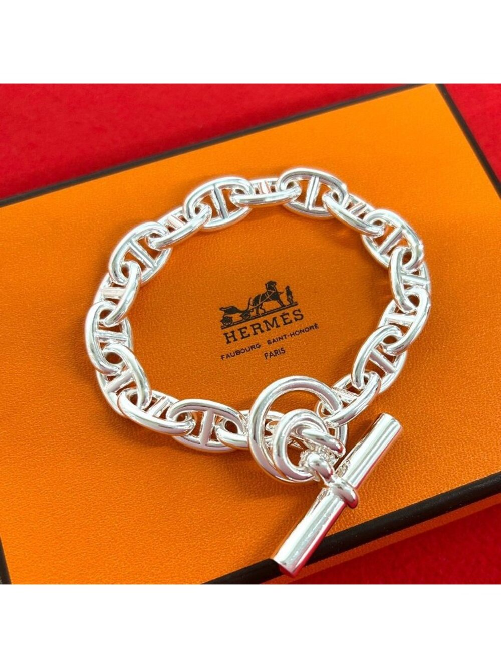 Hermes Chaine D'ancre MM 18 Links Bracelet 925 Sterling Silver Chain Bangle